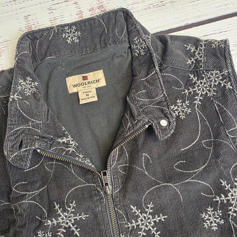 Woolrich Womens Gray Corduroy Snowflake Embroidered Full Zip Vest Medium A2293